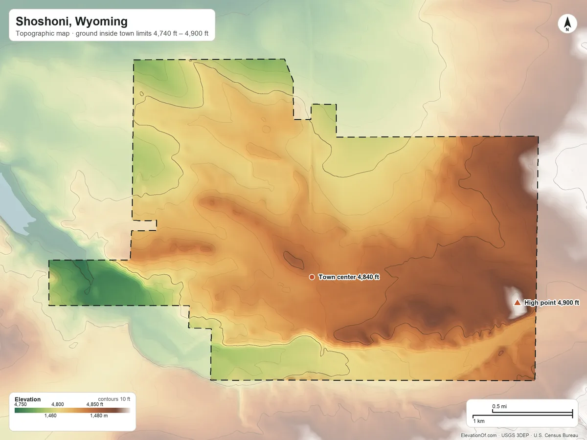 Topographic elevation map of Shoshoni, Wyoming, shaded from 4,740 ft on the west side to 4,900 ft on the east side