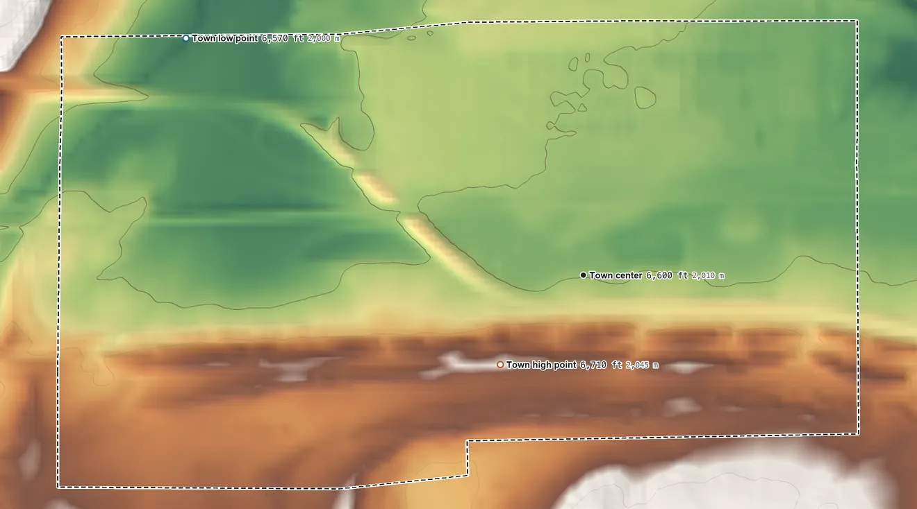 Topographic elevation map of Sinclair, Wyoming, shaded from 6,570 ft on the northwest side to 6,710 ft on the southwest side
