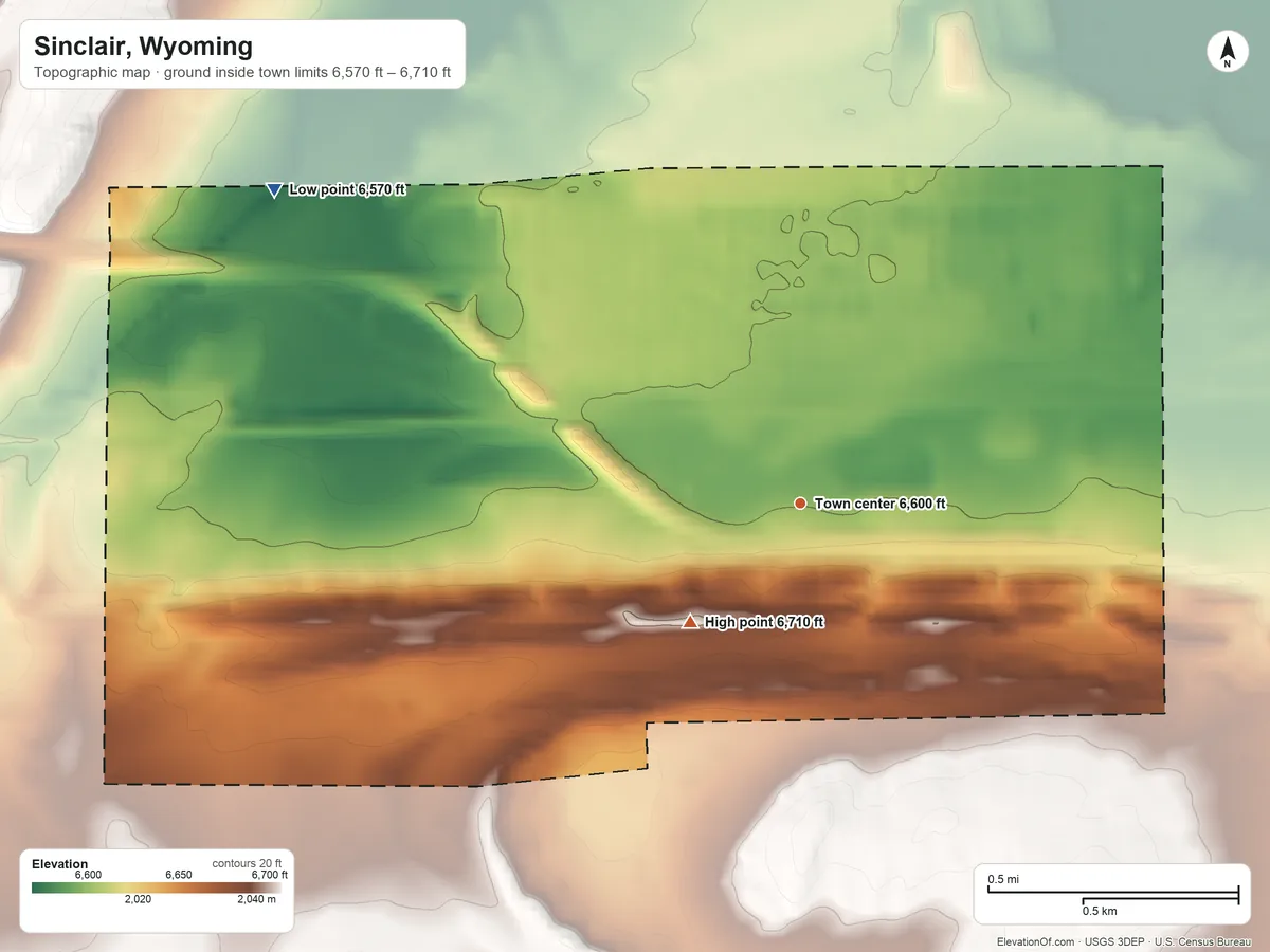 Topographic elevation map of Sinclair, Wyoming, shaded from 6,570 ft on the northwest side to 6,710 ft on the southwest side