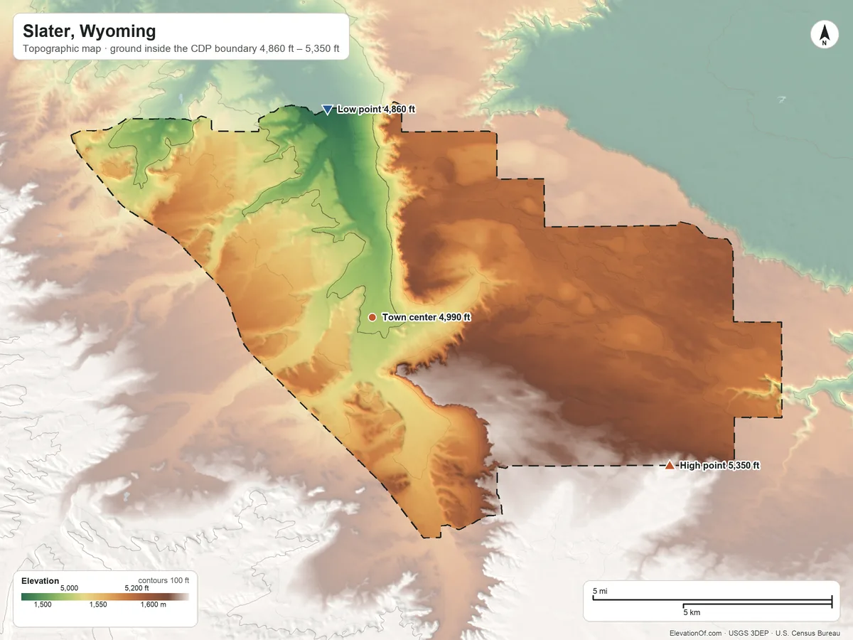 Topographic elevation map of Slater, Wyoming, shaded from 4,860 ft on the north side to 5,350 ft on the southeast side