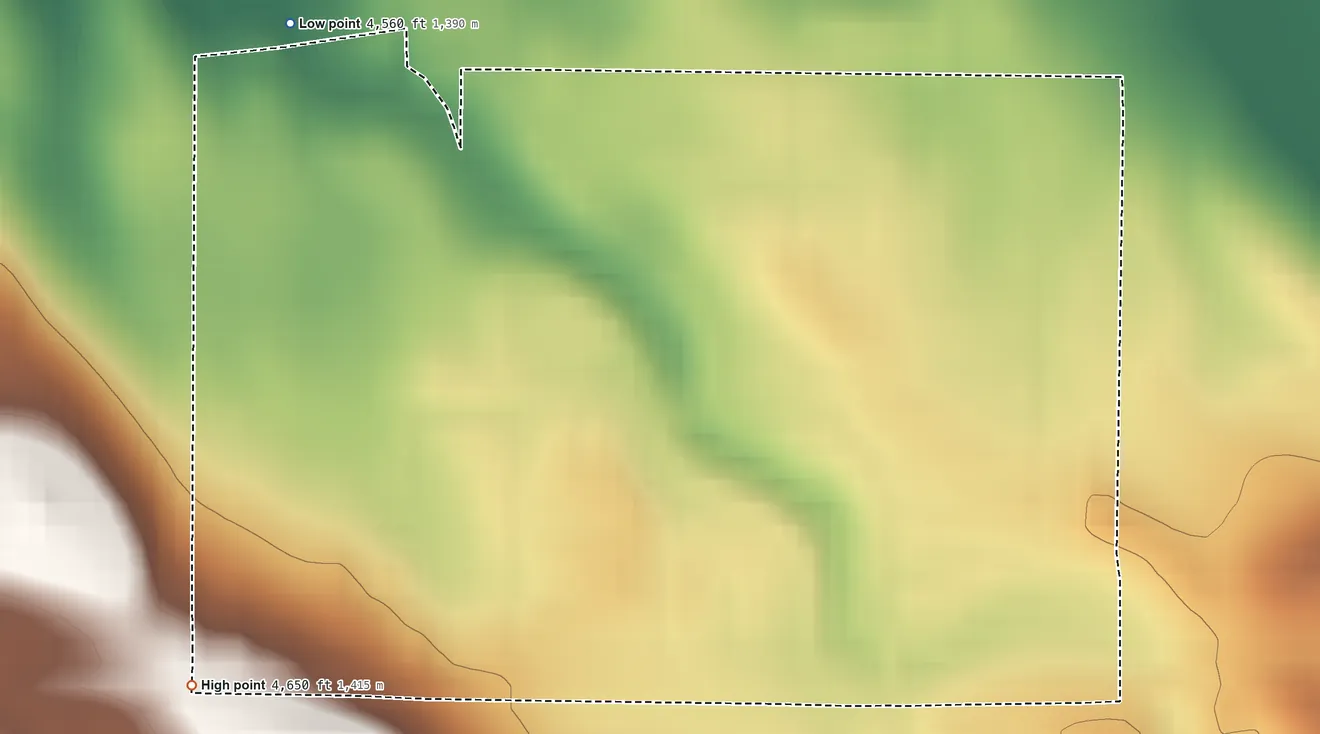 Topographic elevation map of Sleepy Hollow, Wyoming, shaded from 4,560 ft on the northwest side to 4,650 ft on the west side