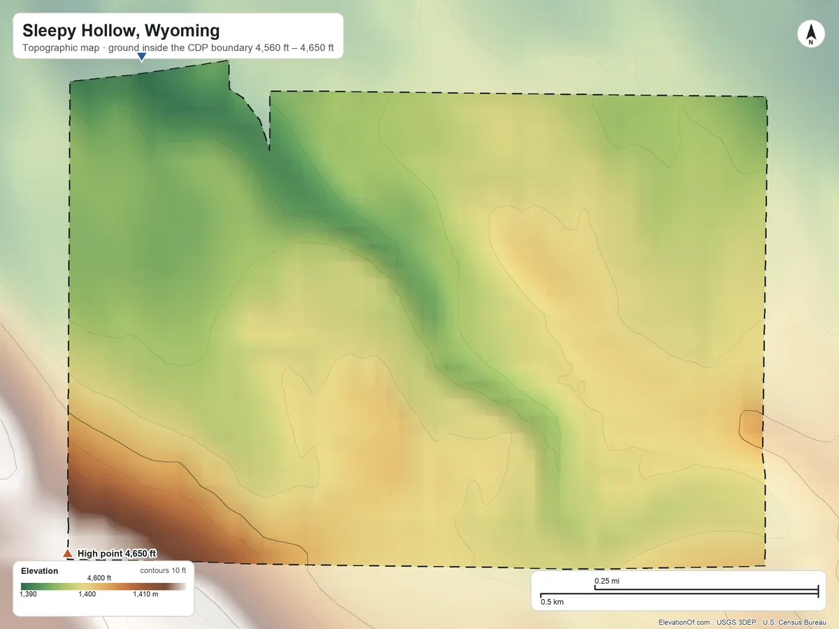 Topographic elevation map of Sleepy Hollow, Wyoming, shaded from 4,560 ft on the northwest side to 4,650 ft on the west side