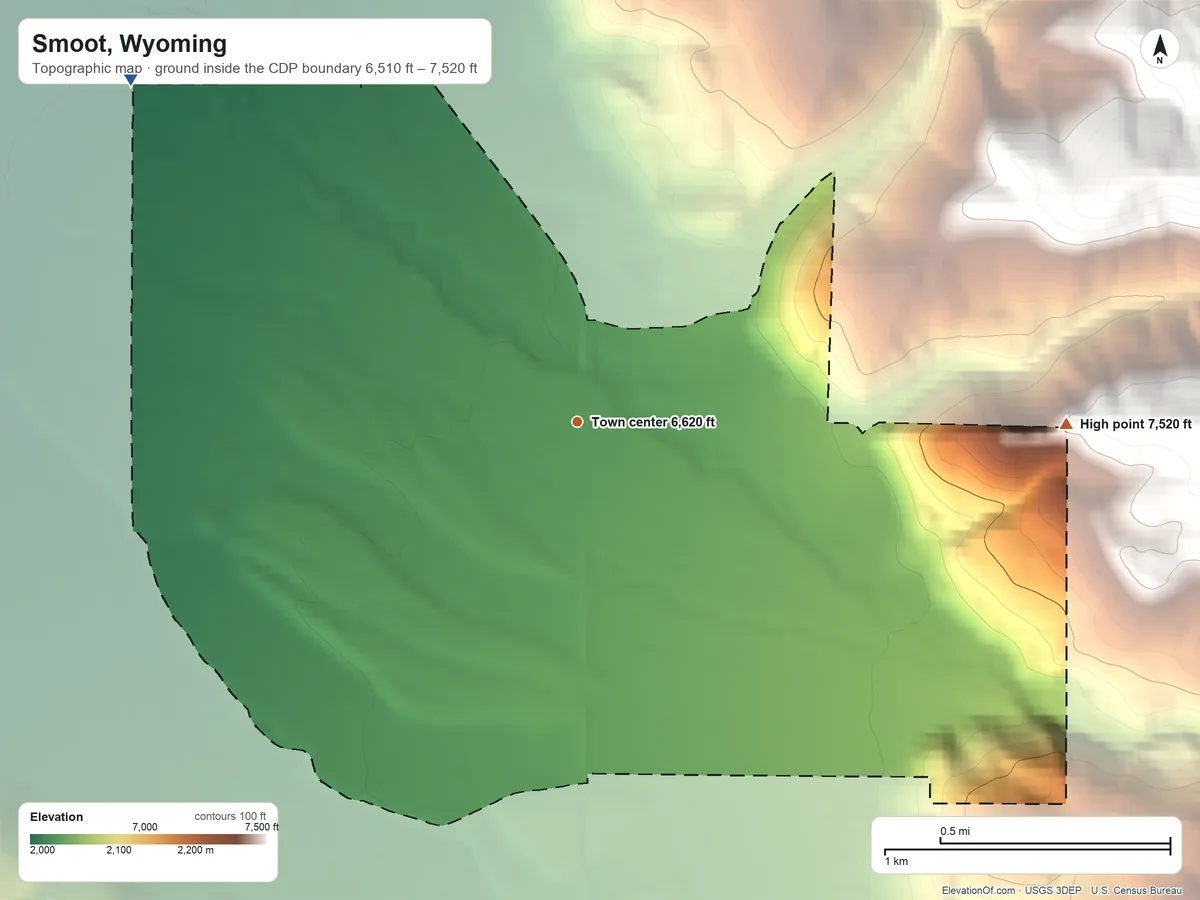 Topographic elevation map of Smoot, Wyoming, shaded from 6,510 ft on the northwest side to 7,520 ft at the foot of the Gannett Hills