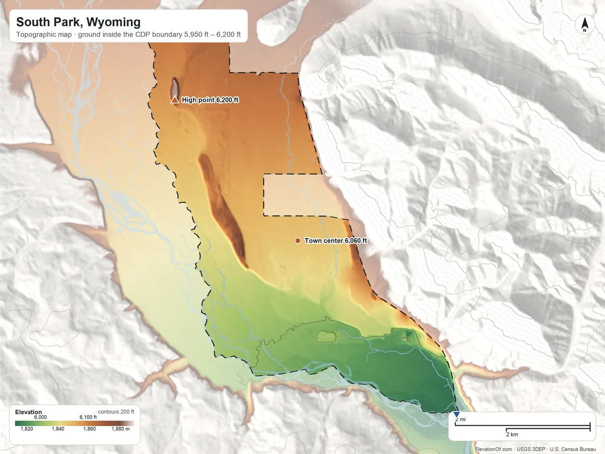 Topographic elevation map of South Park, Wyoming, shaded from 5,950 ft on the southeast side to 6,200 ft at the foot of the Rocky Mountains