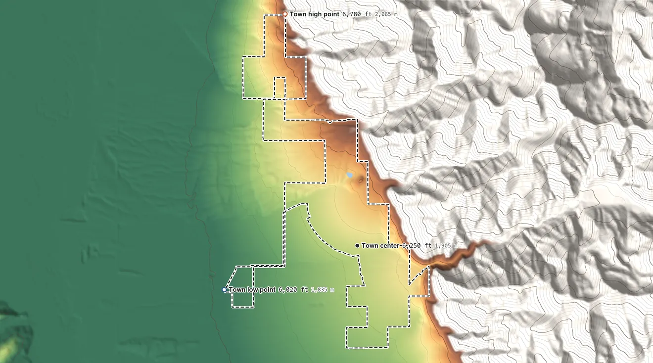 Topographic elevation map of Star Valley Ranch, Wyoming, shaded from 6,020 ft on the west side to 6,780 ft on the north edge, below higher ground just outside
