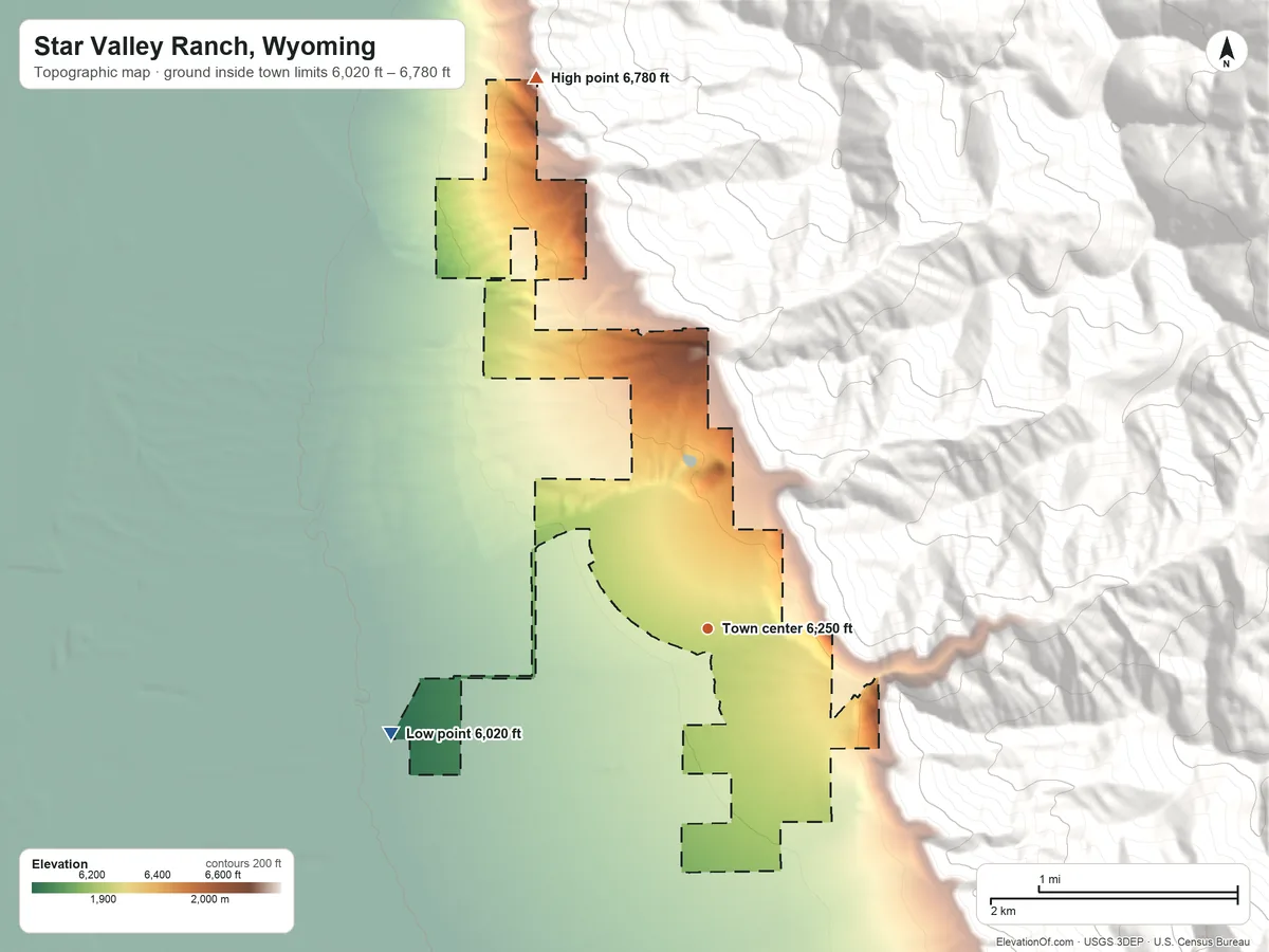 Topographic elevation map of Star Valley Ranch, Wyoming, shaded from 6,020 ft on the west side to 6,780 ft on the north edge, below higher ground just outside