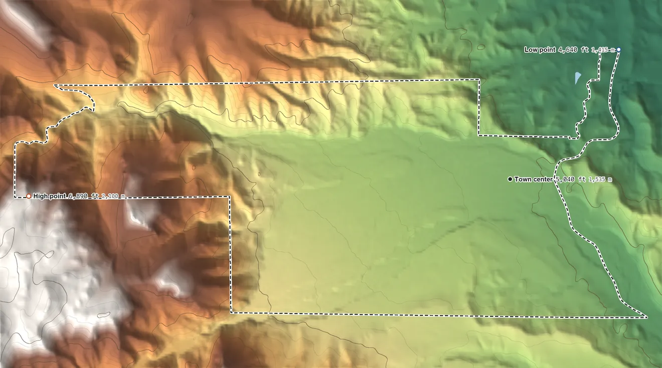 Topographic elevation map of Story, Wyoming, shaded from 4,640 ft on the northeast side to 6,890 ft at the foot of the Beaver Creek Hills