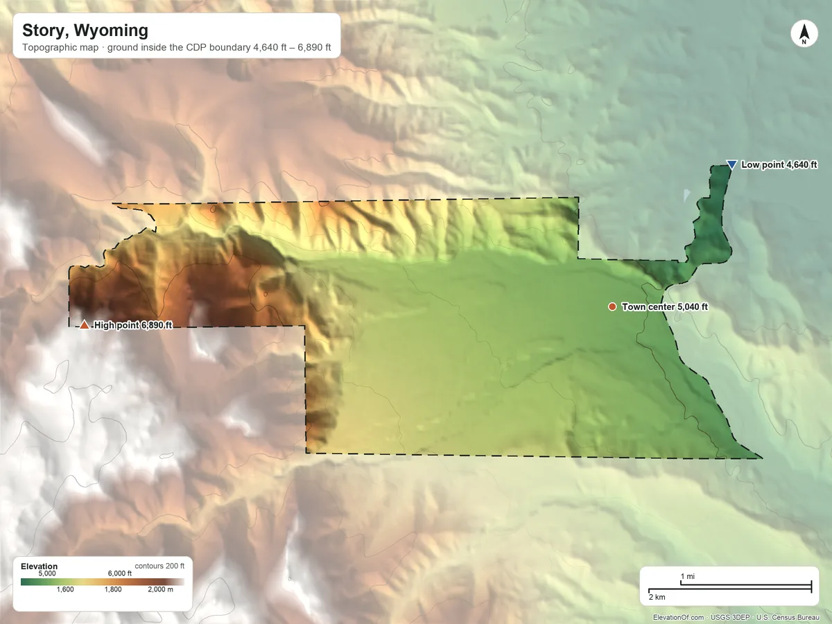 Topographic elevation map of Story, Wyoming, shaded from 4,640 ft on the northeast side to 6,890 ft at the foot of the Beaver Creek Hills