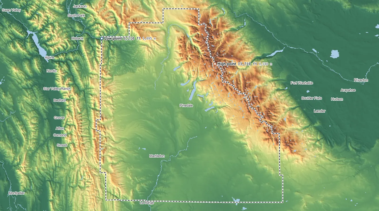 Topographic elevation map of Sublette County, Wyoming, shaded from 6,210 ft on the northwest side to 13,710 ft on Fremont Peak