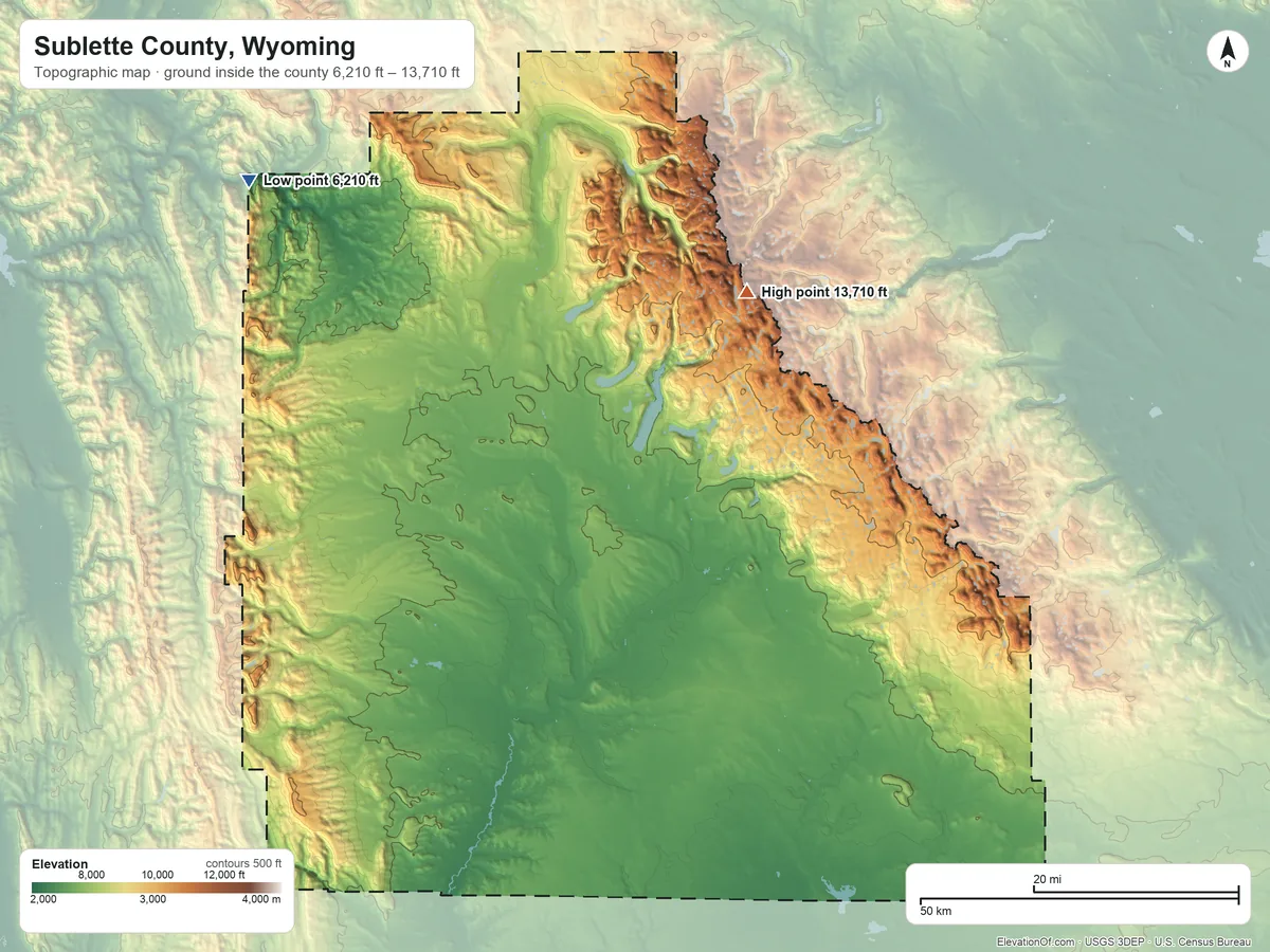 Topographic elevation map of Sublette County, Wyoming, shaded from 6,210 ft on the northwest side to 13,710 ft on Fremont Peak