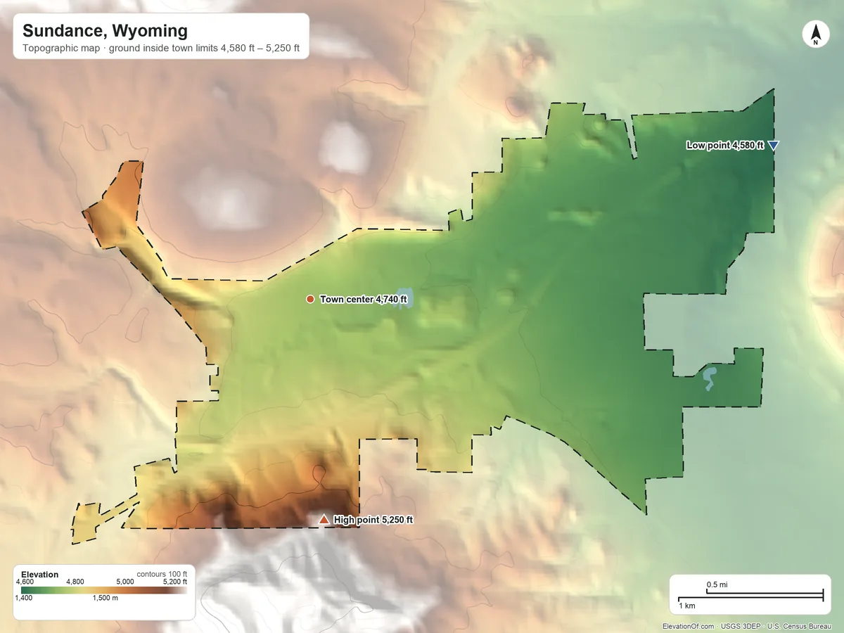 Topographic elevation map of Sundance, Wyoming, shaded from 4,580 ft on the east side to 5,250 ft at the foot of the Bear Lodge Mountains