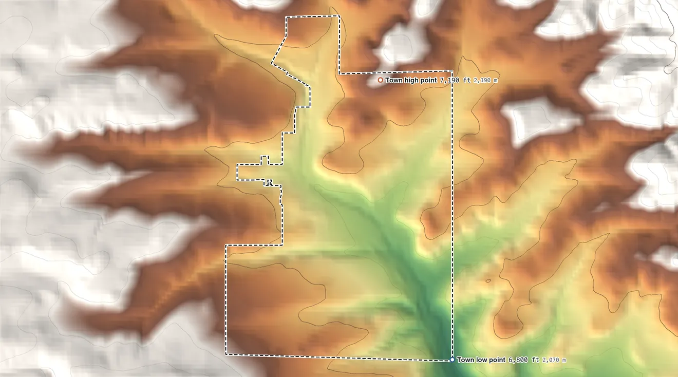 Topographic elevation map of Superior, Wyoming, shaded from 6,800 ft on the southeast side to 7,190 ft at the foot of the Leucite Hills