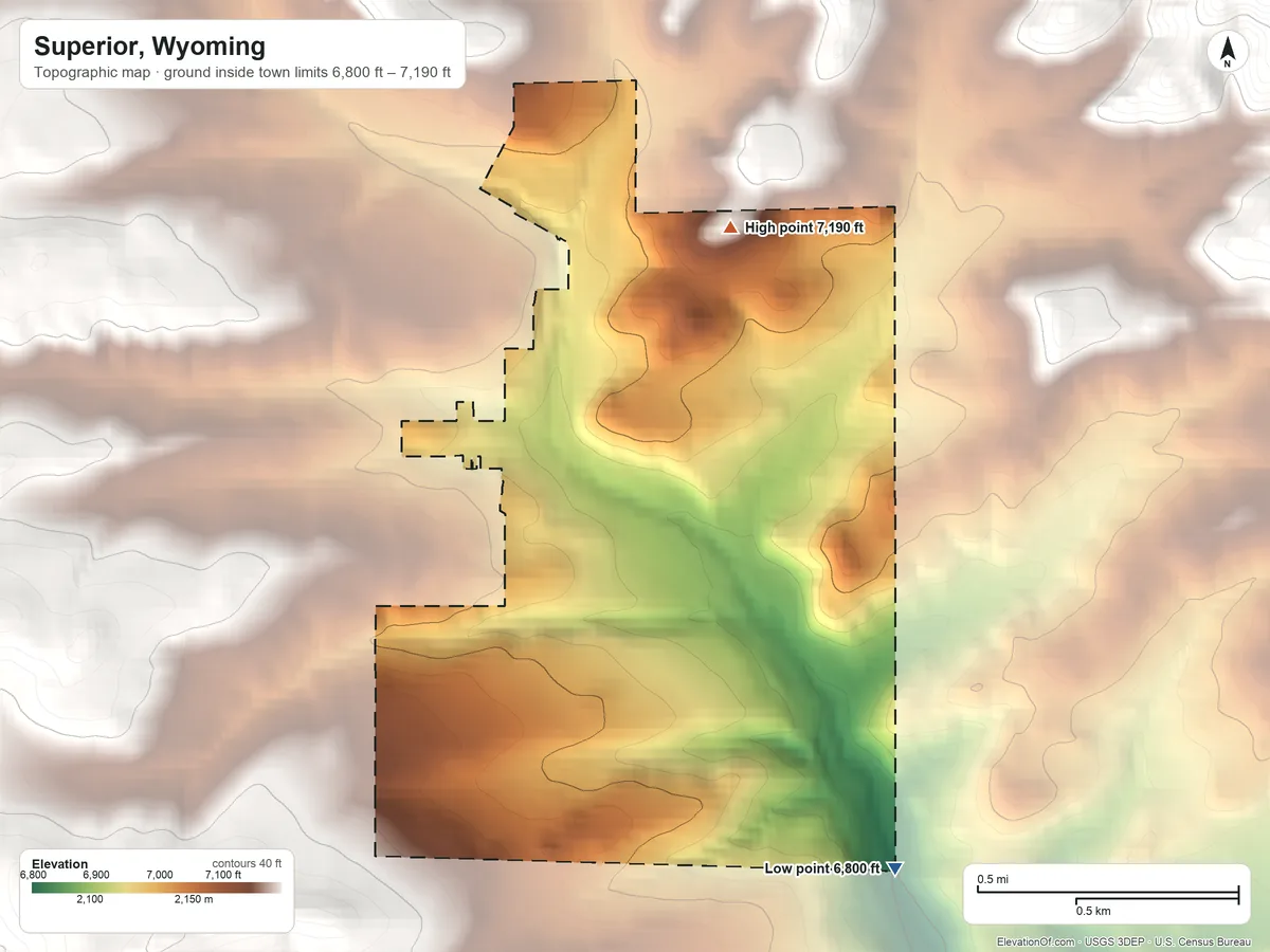Topographic elevation map of Superior, Wyoming, shaded from 6,800 ft on the southeast side to 7,190 ft at the foot of the Leucite Hills