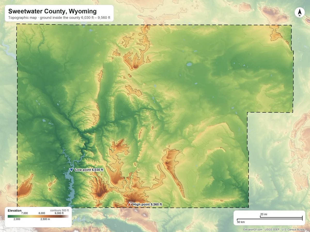 Topographic elevation map of Sweetwater County, Wyoming, shaded from 6,030 ft on the southwest side to 9,560 ft on Pine Mountain