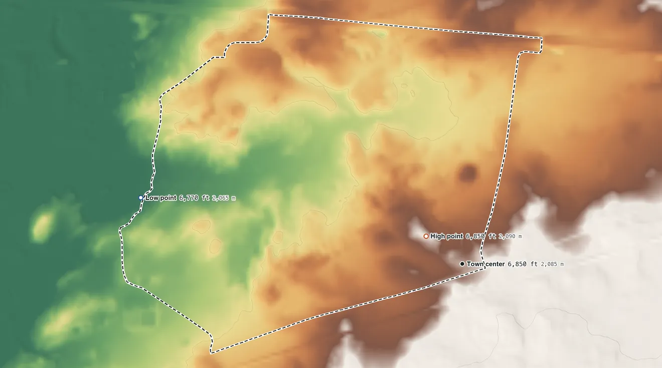 Topographic elevation map of Table Rock, Wyoming, shaded from 6,770 ft on the west side to 6,850 ft near the middle