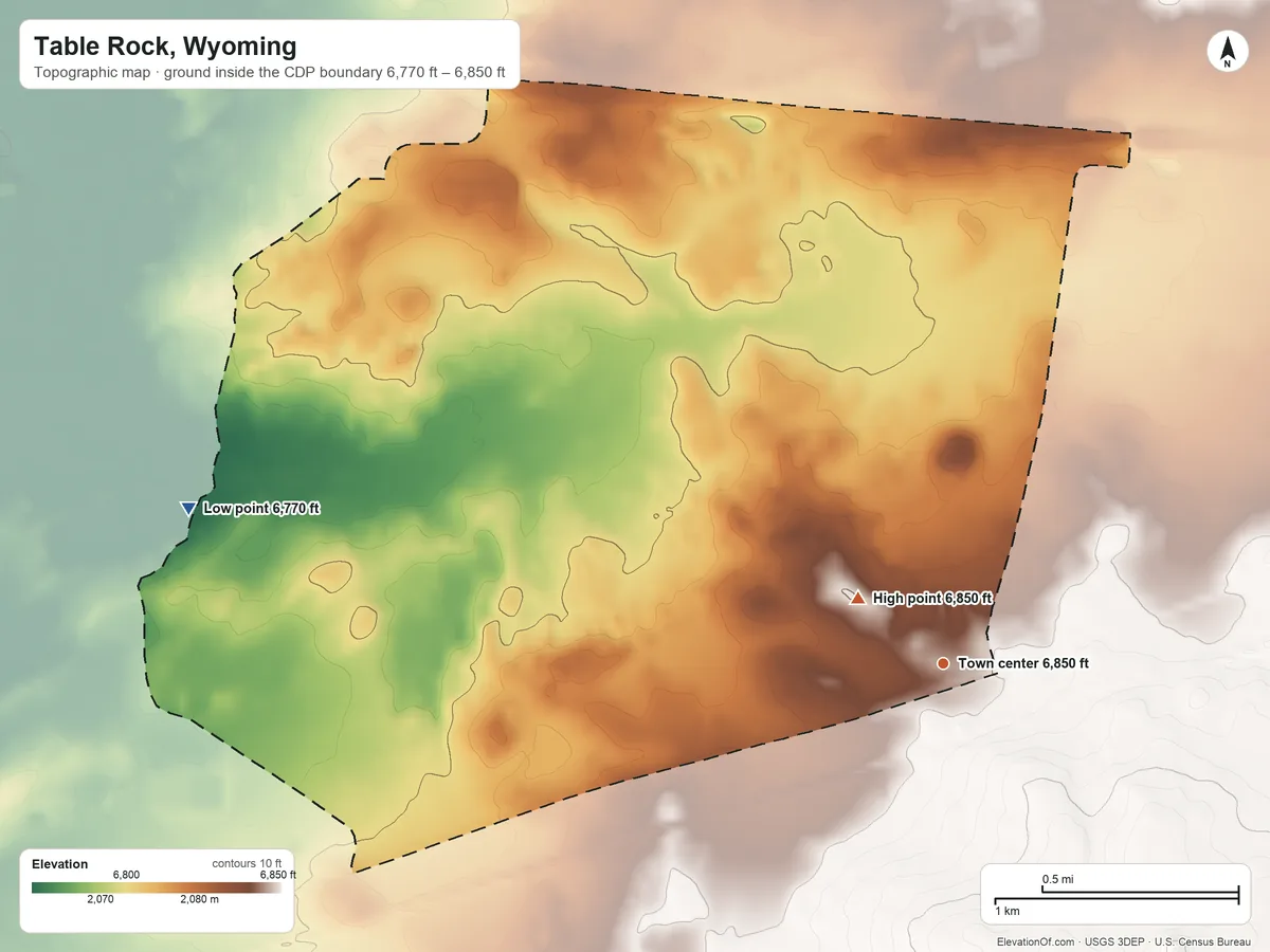 Topographic elevation map of Table Rock, Wyoming, shaded from 6,770 ft on the west side to 6,850 ft near the middle