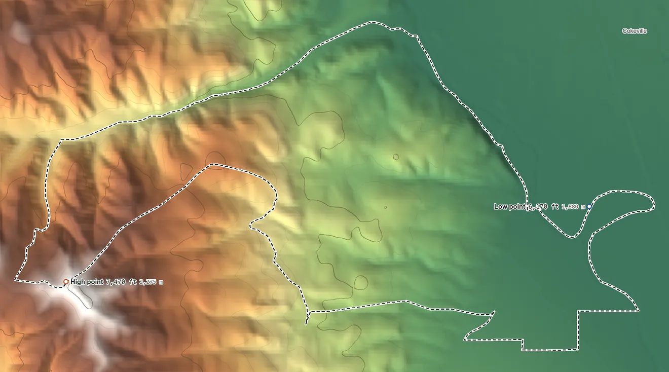 Topographic elevation map of Taylor, Wyoming, shaded from 6,170 ft on the northeast side to 7,470 ft on the west side