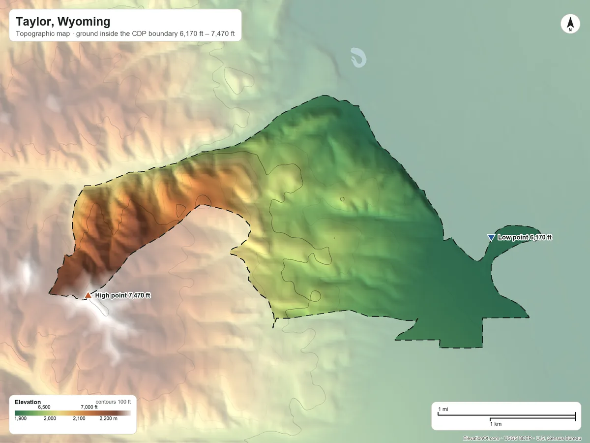 Topographic elevation map of Taylor, Wyoming, shaded from 6,170 ft on the northeast side to 7,470 ft on the west side