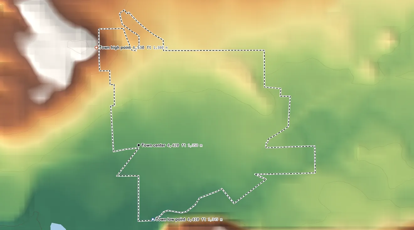 Topographic elevation map of Ten Sleep, Wyoming, shaded from 4,410 ft on the south side to 4,530 ft on the northwest side