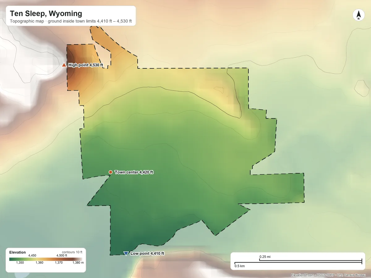 Topographic elevation map of Ten Sleep, Wyoming, shaded from 4,410 ft on the south side to 4,530 ft on the northwest side