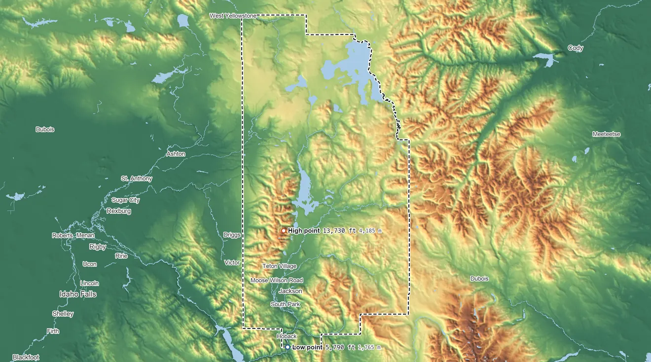 Topographic elevation map of Teton County, Wyoming, shaded from 5,790 ft on the south side to 13,730 ft on Grand Teton