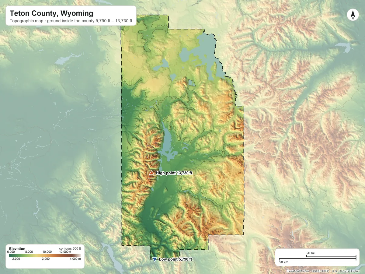 Topographic elevation map of Teton County, Wyoming, shaded from 5,790 ft on the south side to 13,730 ft on Grand Teton