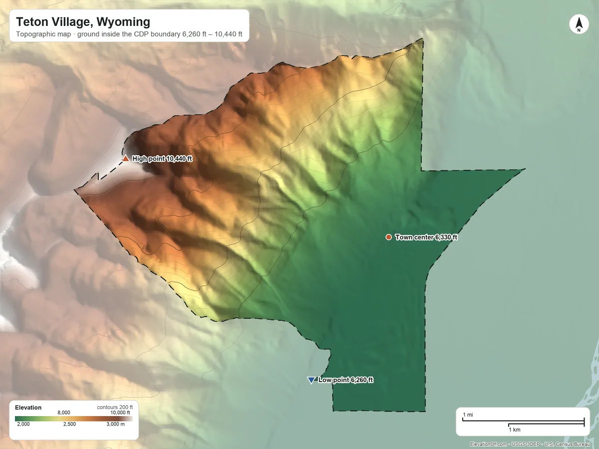 Topographic elevation map of Teton Village, Wyoming, shaded from 6,260 ft on the southwest side to 10,440 ft on the west side
