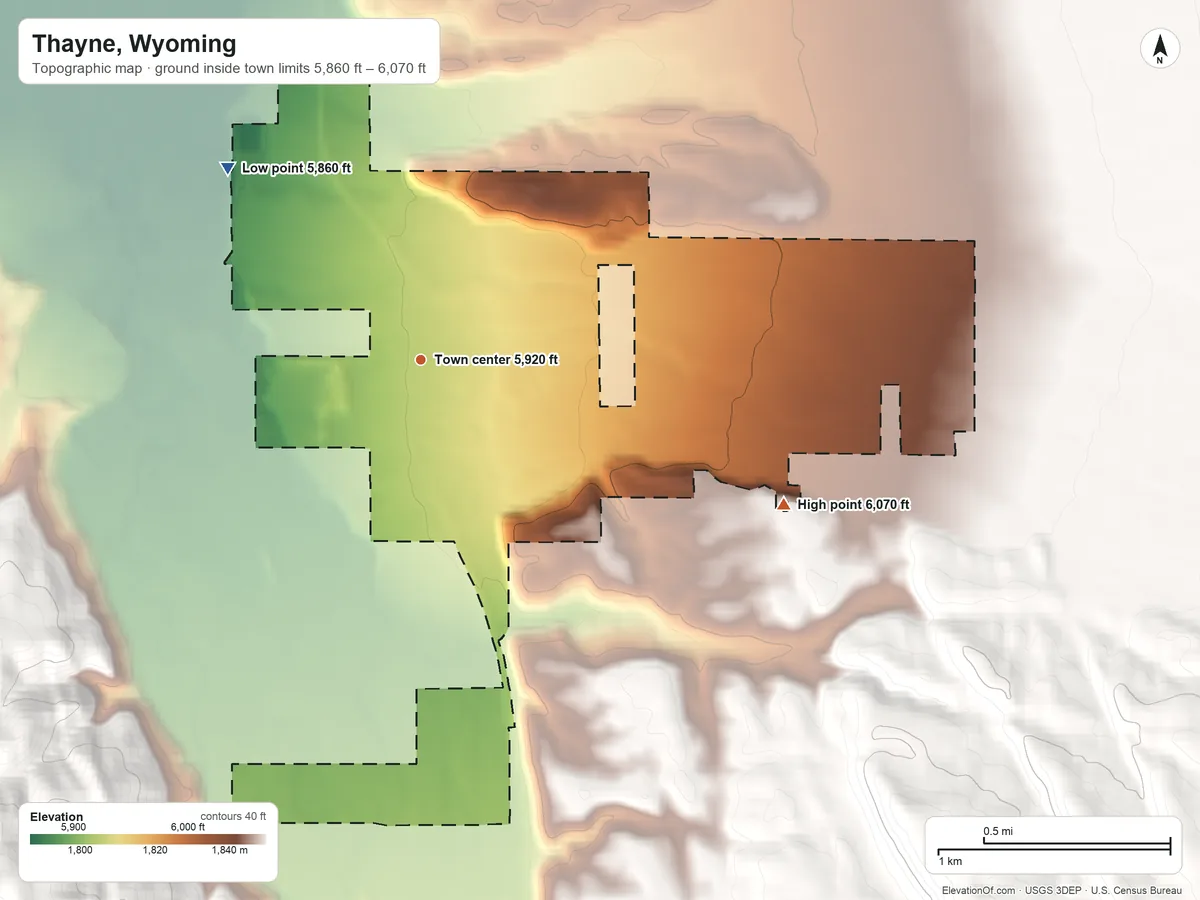 Topographic elevation map of Thayne, Wyoming, shaded from 5,860 ft on the northwest side to 6,070 ft at the foot of the Salt River Range