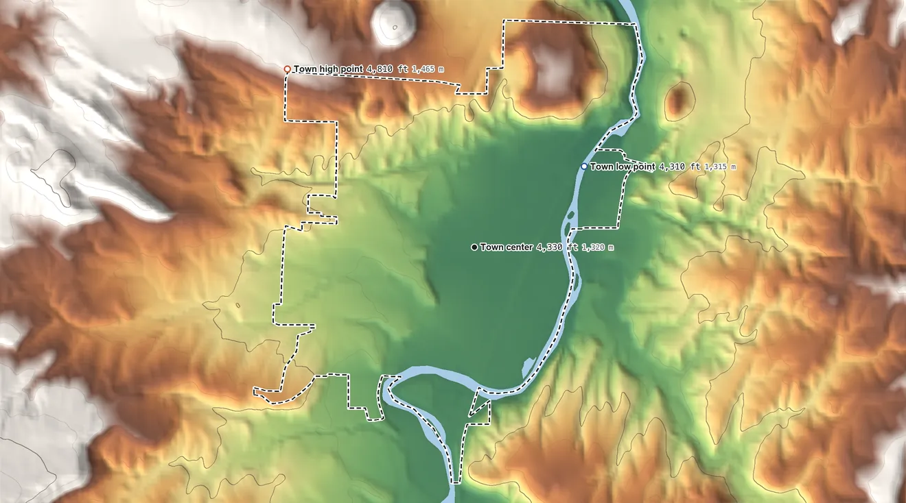 Topographic elevation map of Thermopolis, Wyoming, shaded from 4,310 ft on the northeast side to 4,810 ft on the northwest edge, below higher ground just outside