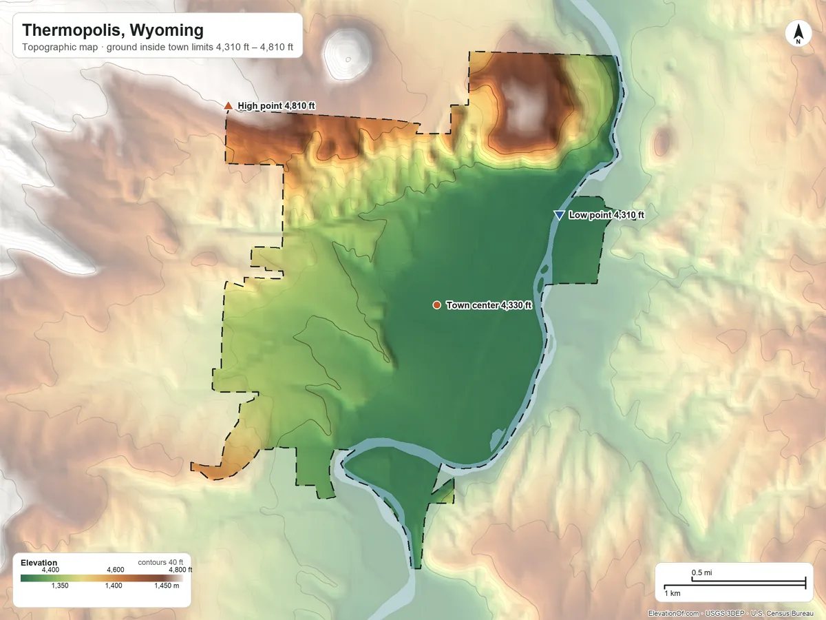 Topographic elevation map of Thermopolis, Wyoming, shaded from 4,310 ft on the northeast side to 4,810 ft on the northwest edge, below higher ground just outside