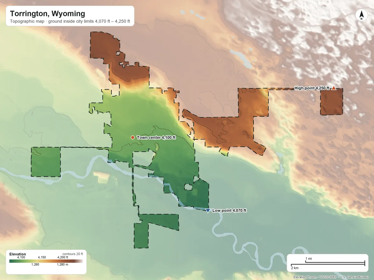 Topographic elevation map of Torrington, Wyoming, shaded from 4,070 ft on the southeast side to 4,250 ft on the east side