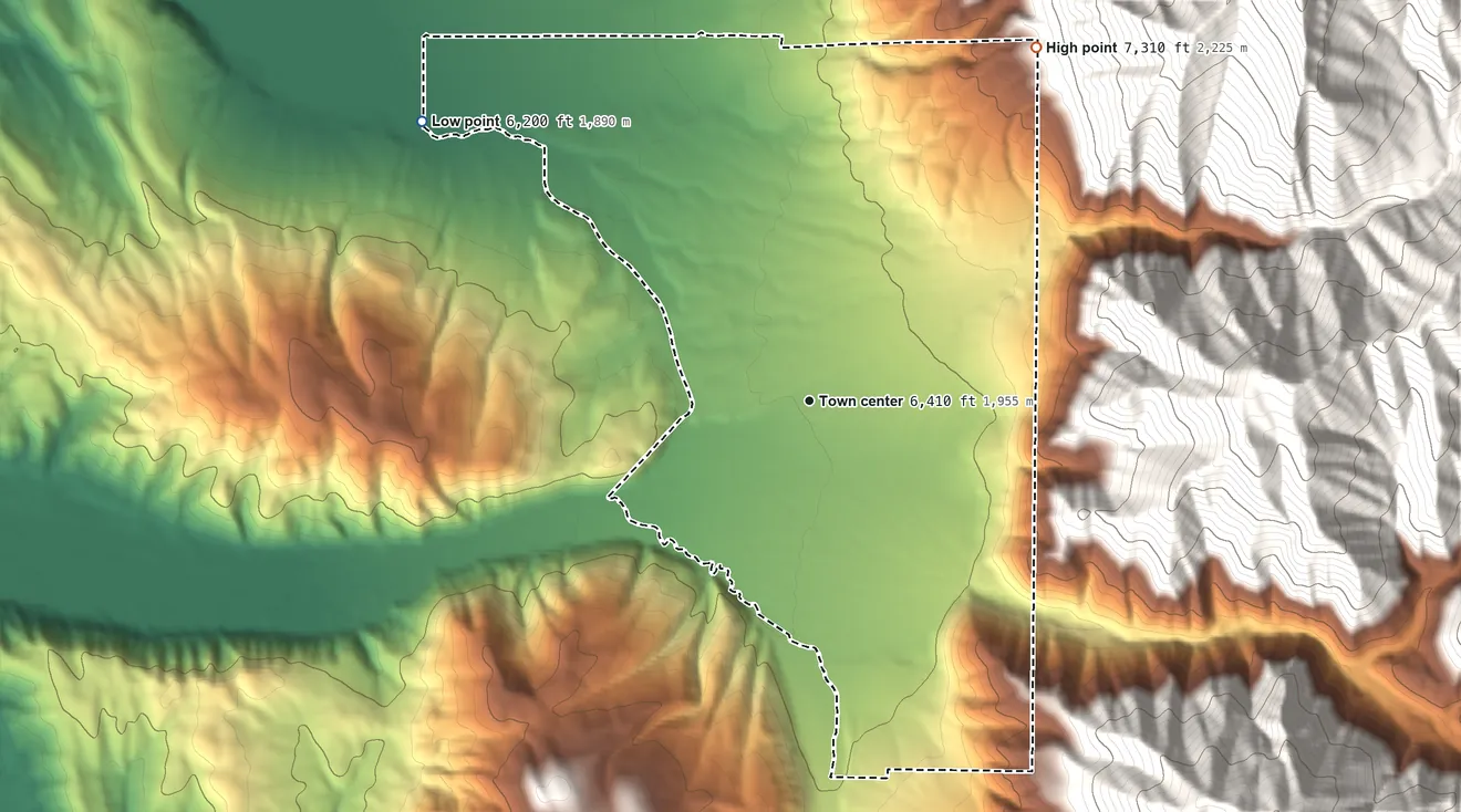 Topographic elevation map of Turnerville, Wyoming, shaded from 6,200 ft on the northwest side to 7,310 ft at the foot of the Salt River Range
