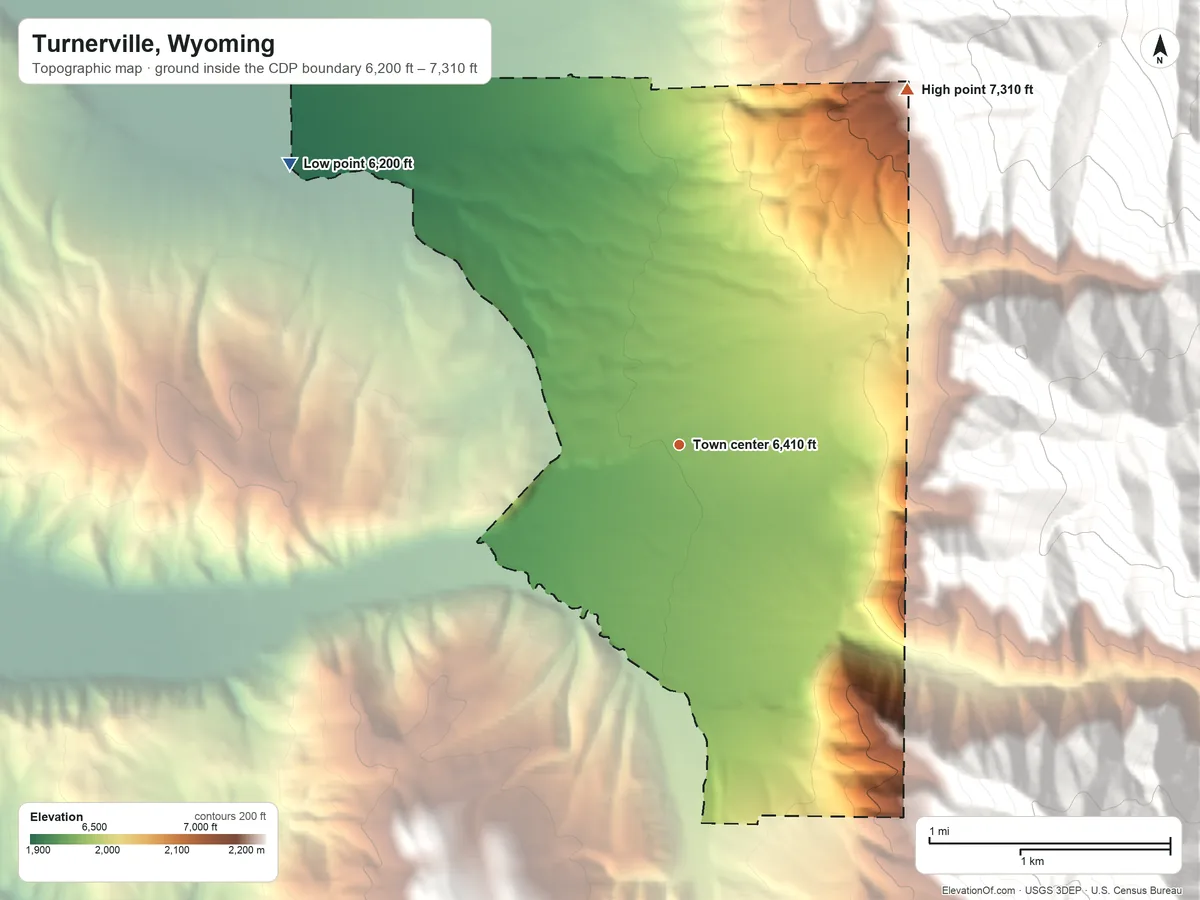 Topographic elevation map of Turnerville, Wyoming, shaded from 6,200 ft on the northwest side to 7,310 ft at the foot of the Salt River Range