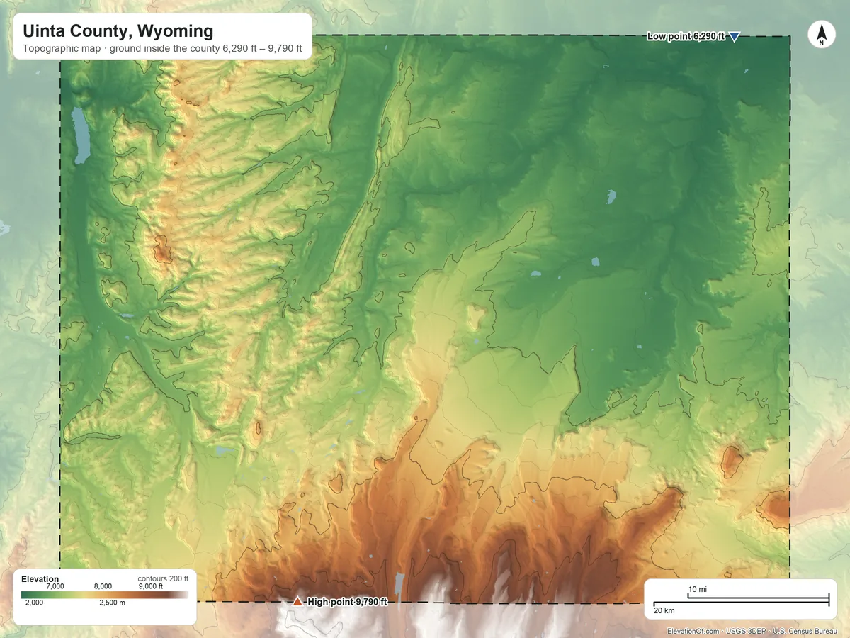 Topographic elevation map of Uinta County, Wyoming, shaded from 6,290 ft on the northeast side to 9,790 ft on the southwest side