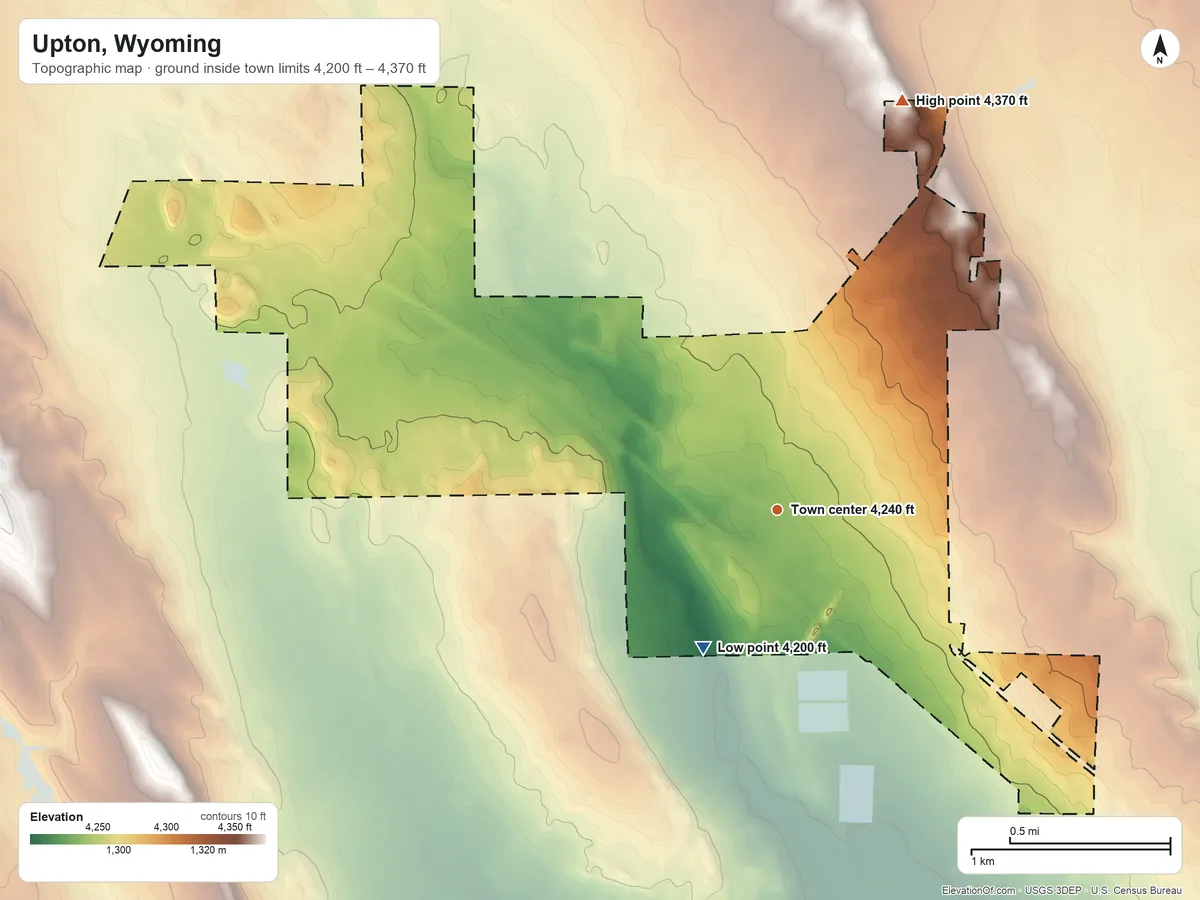 Topographic elevation map of Upton, Wyoming, shaded from 4,200 ft on the southwest side to 4,370 ft on the north side