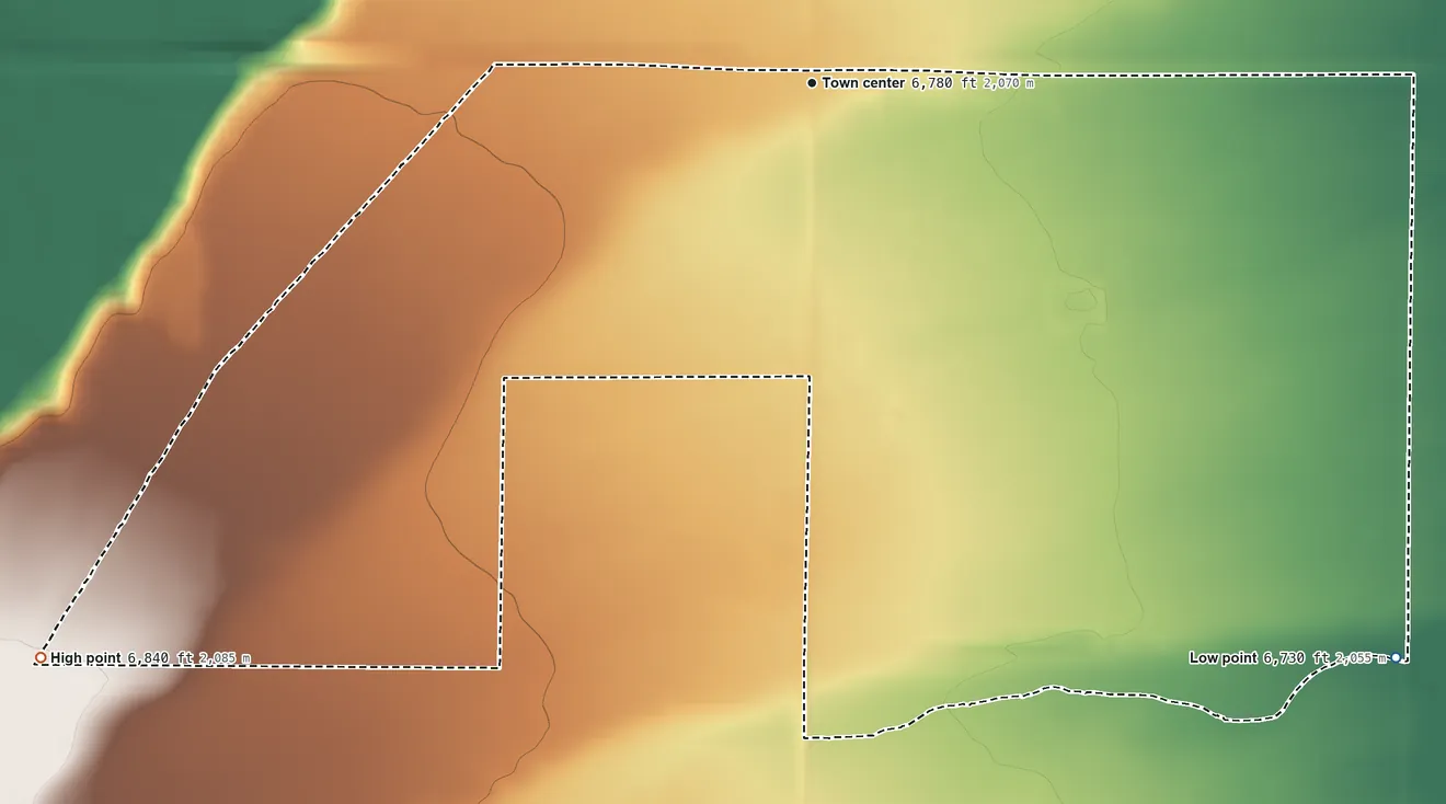 Topographic elevation map of Urie, Wyoming, shaded from 6,730 ft on the southeast side to 6,840 ft on the southwest side