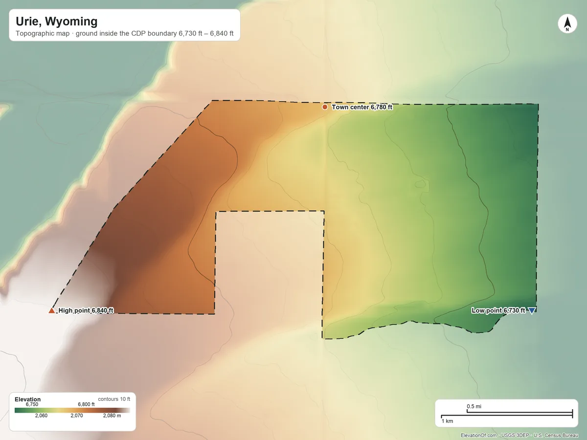 Topographic elevation map of Urie, Wyoming, shaded from 6,730 ft on the southeast side to 6,840 ft on the southwest side
