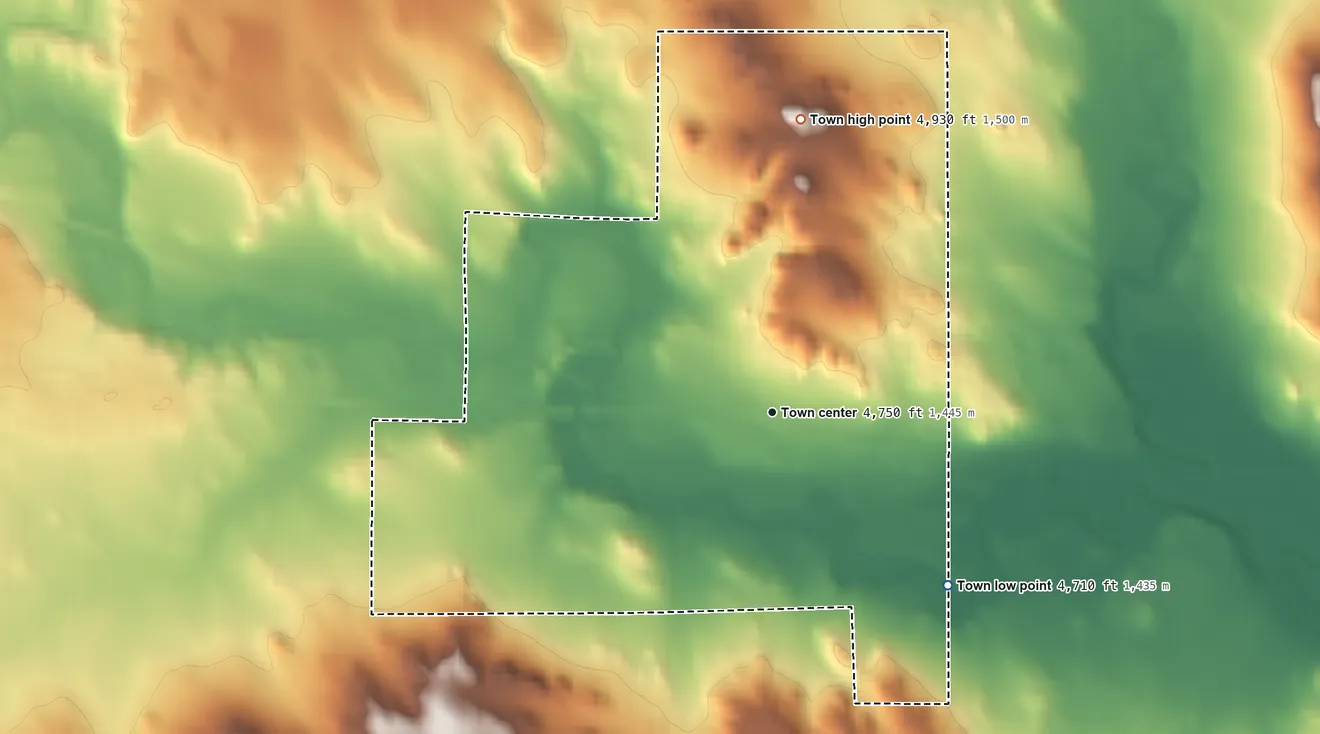 Topographic elevation map of Van Tassell, Wyoming, shaded from 4,710 ft on the southeast side to 4,930 ft on the north side
