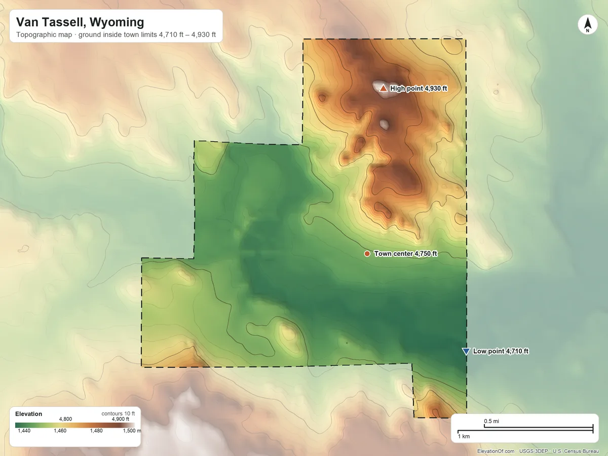 Topographic elevation map of Van Tassell, Wyoming, shaded from 4,710 ft on the southeast side to 4,930 ft on the north side