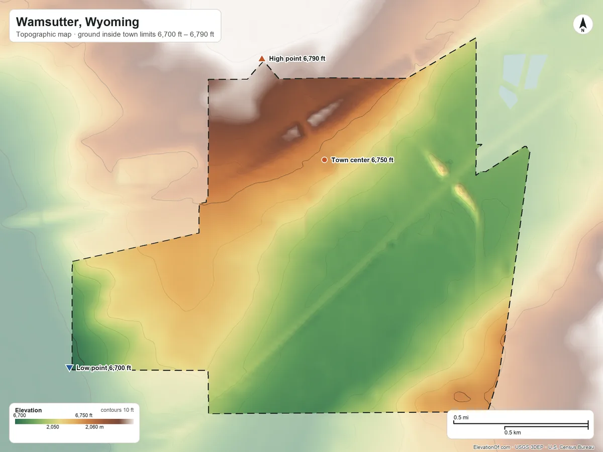 Topographic elevation map of Wamsutter, Wyoming, shaded from 6,700 ft on the southwest side to 6,790 ft on the northwest side