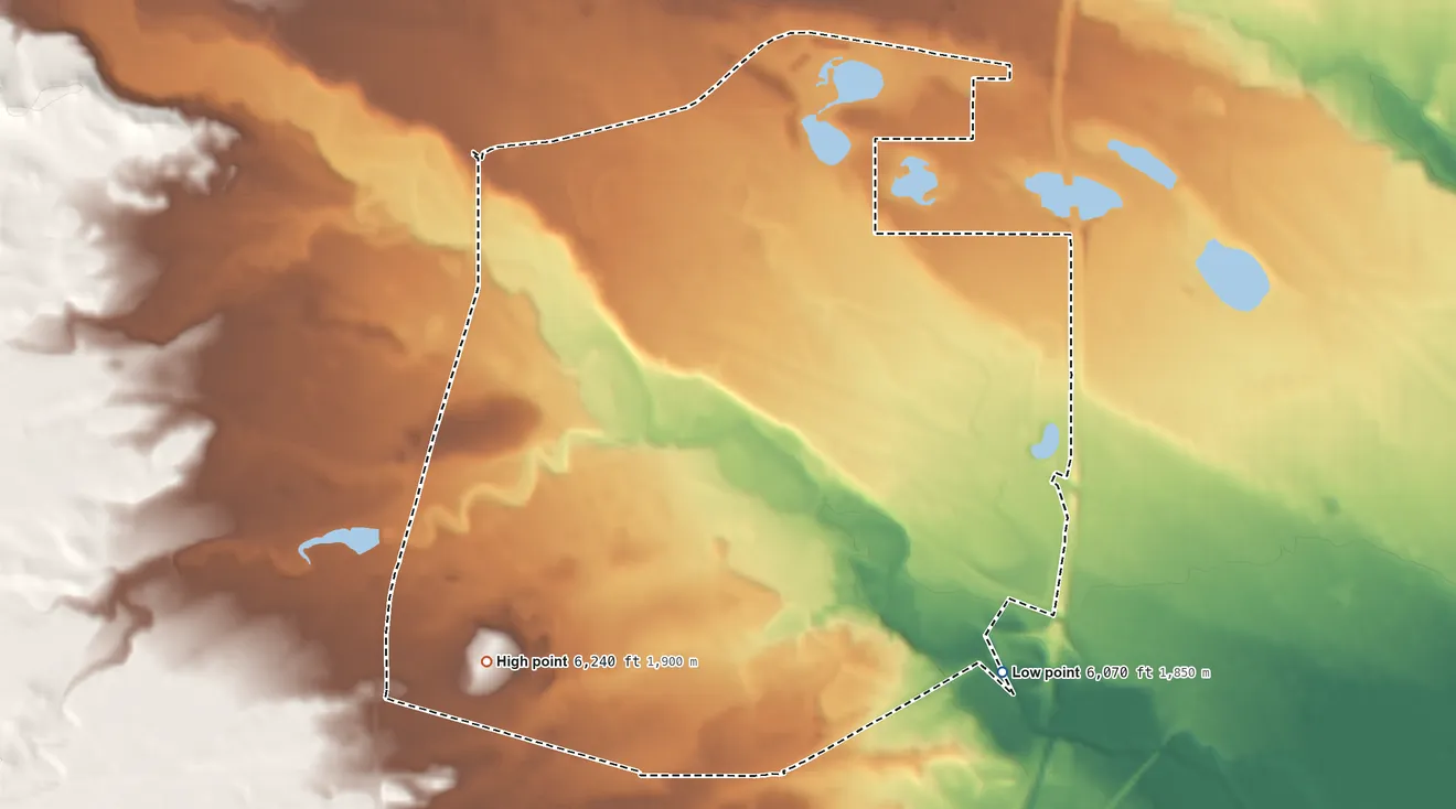 Topographic elevation map of Warren AFB, Wyoming, shaded from 6,070 ft on the southeast side to 6,240 ft on the southwest side