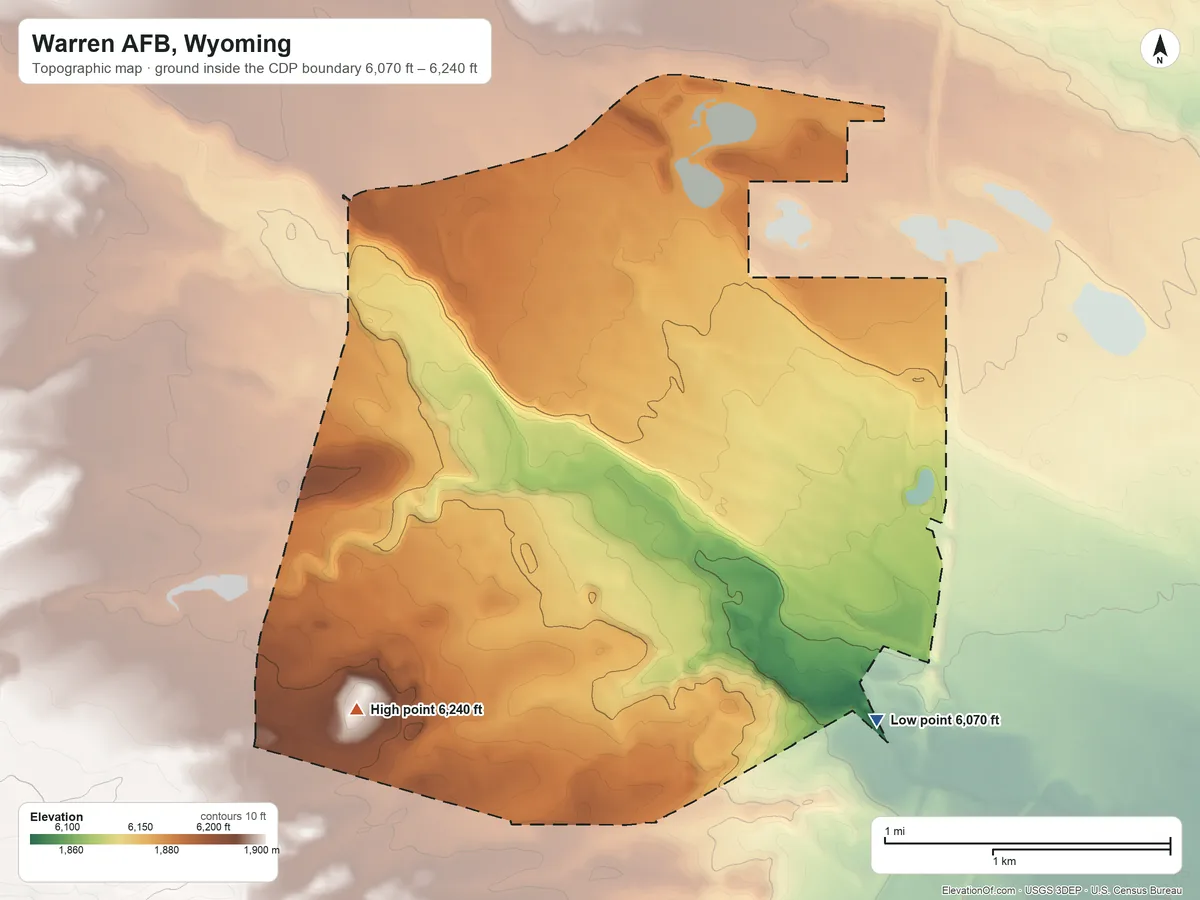Topographic elevation map of Warren AFB, Wyoming, shaded from 6,070 ft on the southeast side to 6,240 ft on the southwest side
