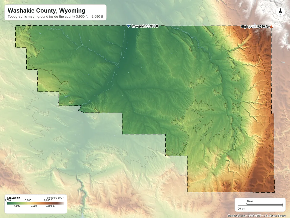 Topographic elevation map of Washakie County, Wyoming, shaded from 3,950 ft on the north side to 9,590 ft on the northeast side