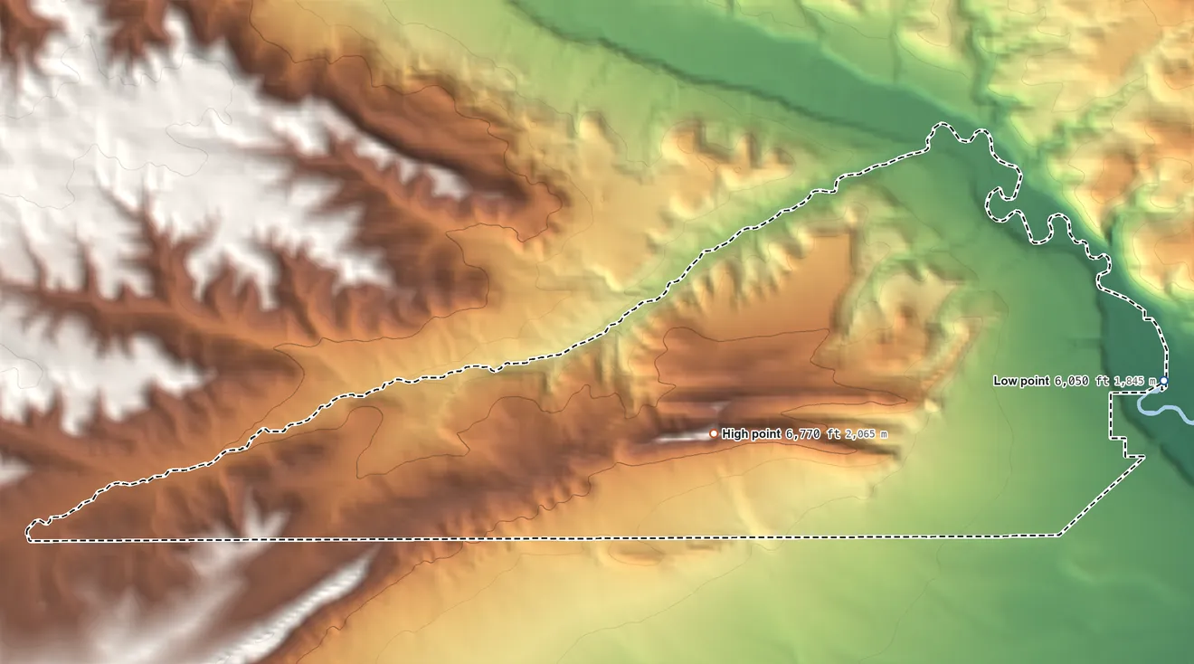 Topographic elevation map of Washam, Wyoming, shaded from 6,050 ft on the east side to 6,770 ft near the middle