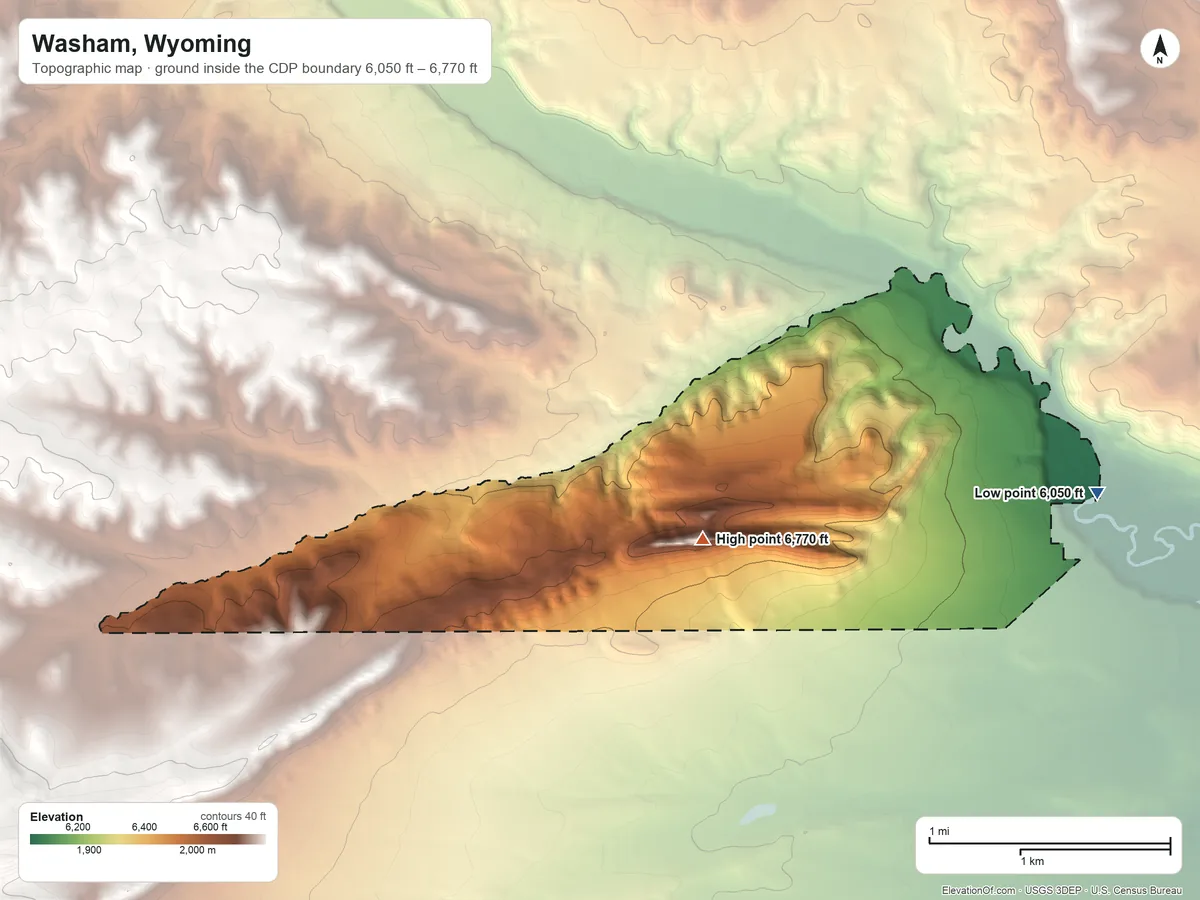 Topographic elevation map of Washam, Wyoming, shaded from 6,050 ft on the east side to 6,770 ft near the middle