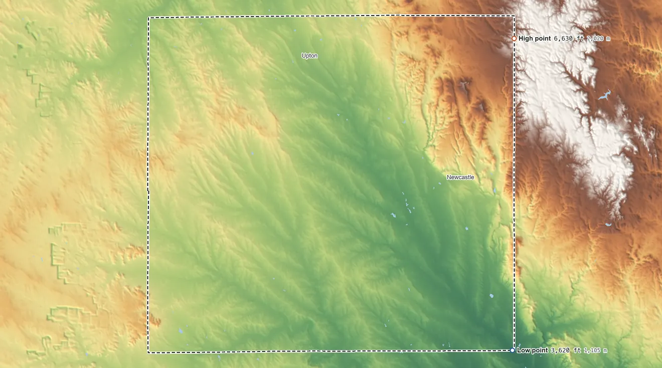 Topographic elevation map of Weston County, Wyoming, shaded from 3,620 ft on the southeast side to 6,630 ft on the northeast side