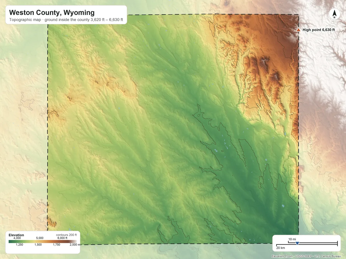 Topographic elevation map of Weston County, Wyoming, shaded from 3,620 ft on the southeast side to 6,630 ft on the northeast side