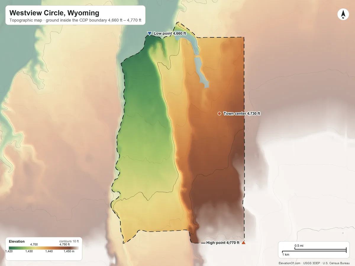 Topographic elevation map of Westview Circle, Wyoming, shaded from 4,660 ft on the northwest side to 4,770 ft on the south side