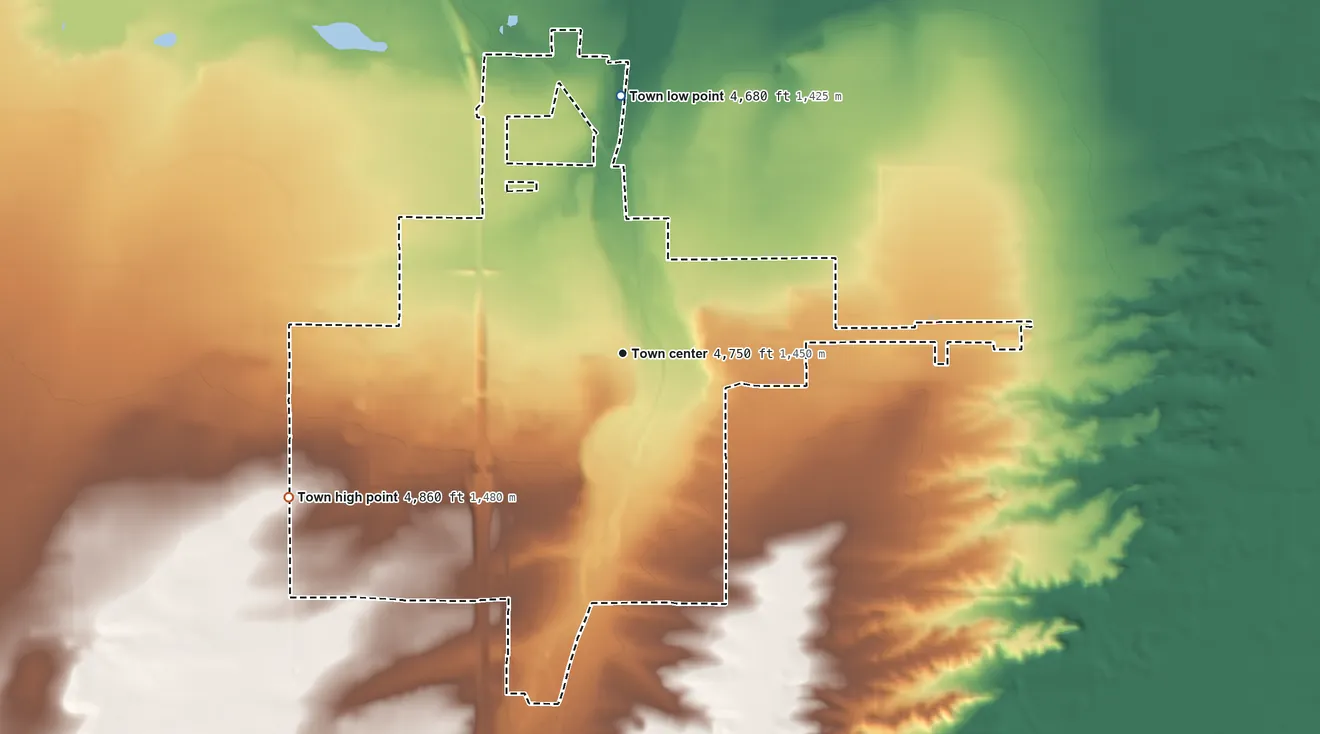 Topographic elevation map of Wheatland, Wyoming, shaded from 4,680 ft on the north side to 4,860 ft on the southwest side