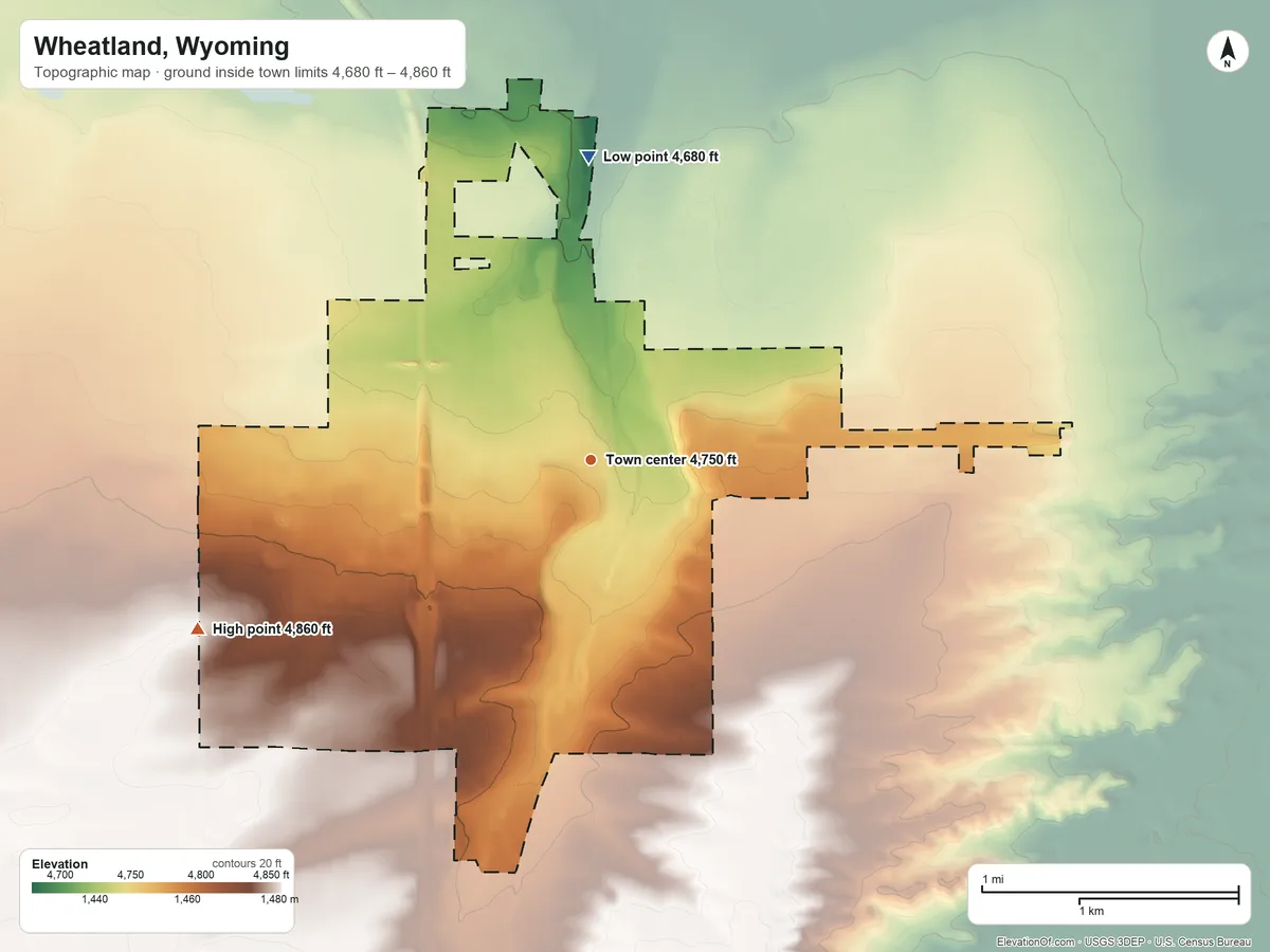 Topographic elevation map of Wheatland, Wyoming, shaded from 4,680 ft on the north side to 4,860 ft on the southwest side